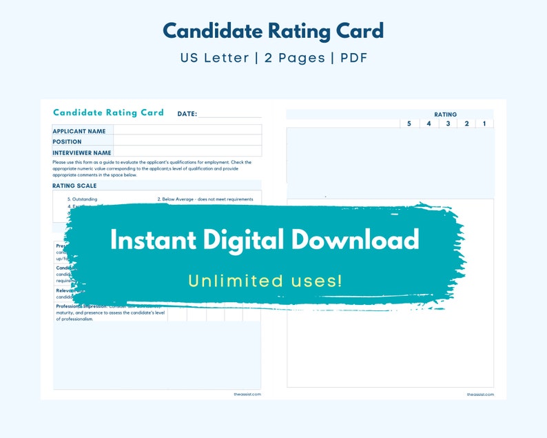 Candidate Rating Card Employee Onboarding HR New Employee Form Downloadable Printable PDF image 1