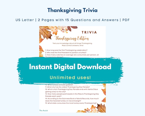 Thanksgiving Trivia Game | Fall Autumn Trivia | Office, Party Game | Instant Printable Downloadable