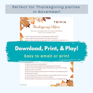 Thanksgiving Trivia Game | Fall Autumn Trivia | Office, Party Game | Instant Printable Downloadable image 2