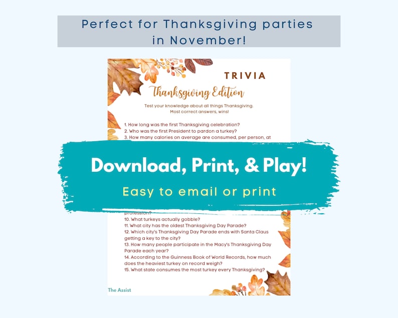 Thanksgiving Trivia Game | Fall Autumn Trivia | Office, Party Game | Instant Printable Downloadable image 2