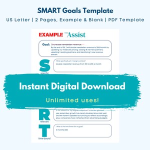 Pode incluir: Um gr&aacute;fico verde-azulado e branco com o texto "Download digital instant&acirc;neo" e "Usos ilimitados!" O gr&aacute;fico &eacute; sobreposto a um fundo branco com uma caixa de texto azul e branca que diz "Modelo de metas SMART" e "Carta dos EUA | 2 p&aacute;ginas, exemplo e em branco | Modelo PDF". A caixa de texto tamb&eacute;m inclui uma caixa de texto menor que diz "EXEMPLO Assist" e "Objetivo: Aumentar a receita do boletim informativo". A caixa de texto tamb&eacute;m inclui uma caixa de texto menor que diz "S espec&iacute;fico" e "O que estou tentando alcan&ccedil;ar especificamente? Dobrar a receita do boletim informativo de &euro; 10.000 para &euro; 20.000 por m&ecirc;s". A caixa de texto tamb&eacute;m inclui uma caixa de texto menor que diz "R relevante" e "Isso &eacute; relevante para meu objetivo de longo prazo? &Eacute; o momento certo? Sim, o crescimento de assinantes quase dobrou desde o ano passado e n&atilde;o atualizamos nossos pre&ccedil;os para refletir isso. Al&eacute;m disso, as empresas atualizaram seus or&ccedil;amentos de publicidade". A caixa de texto tamb&eacute;m inclui uma caixa de texto menor que diz "T limitado no tempo" e "Qual &eacute; o prazo para meu objetivo? 3 meses (T1)"