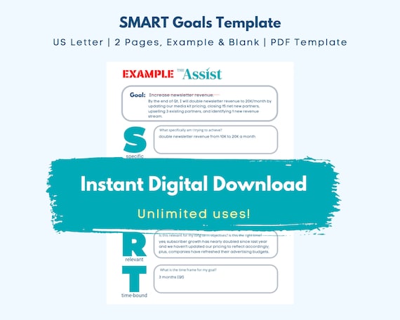 SMART Goals Template with Example | Goals Planner, Goal Setting | Instant PDF Digital Download