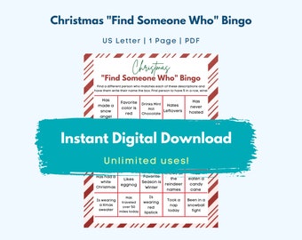 Christmas "Find Someone Who" Bingo Game | Winter Holiday Bingo | Group, Office, Party Game | Instant Printable Downloadable