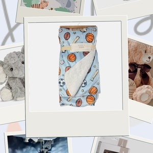 Personalized Minky/Sherpa Blue Baby Blanket with Sports Design & optional add-on gifts!