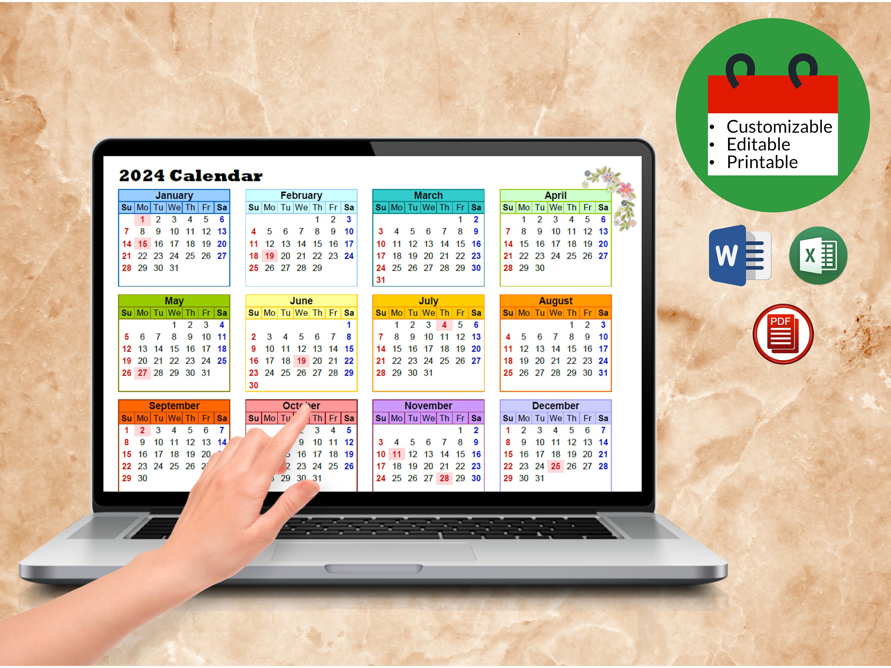Editable Calendars 2024 Customizable, Printable Microsoft Word .docx
