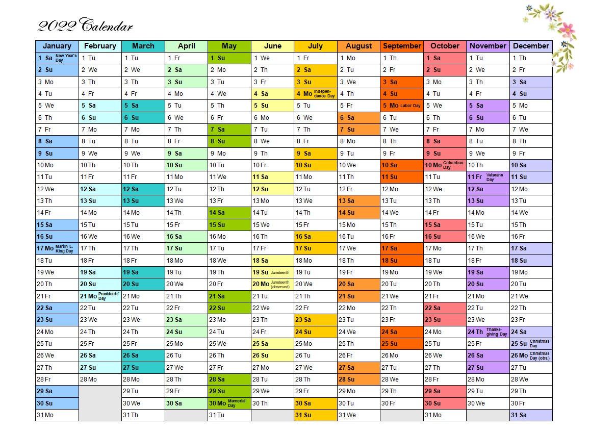 Yearly Calendars 2022 Microsoft Word .docx File and Excel - Etsy