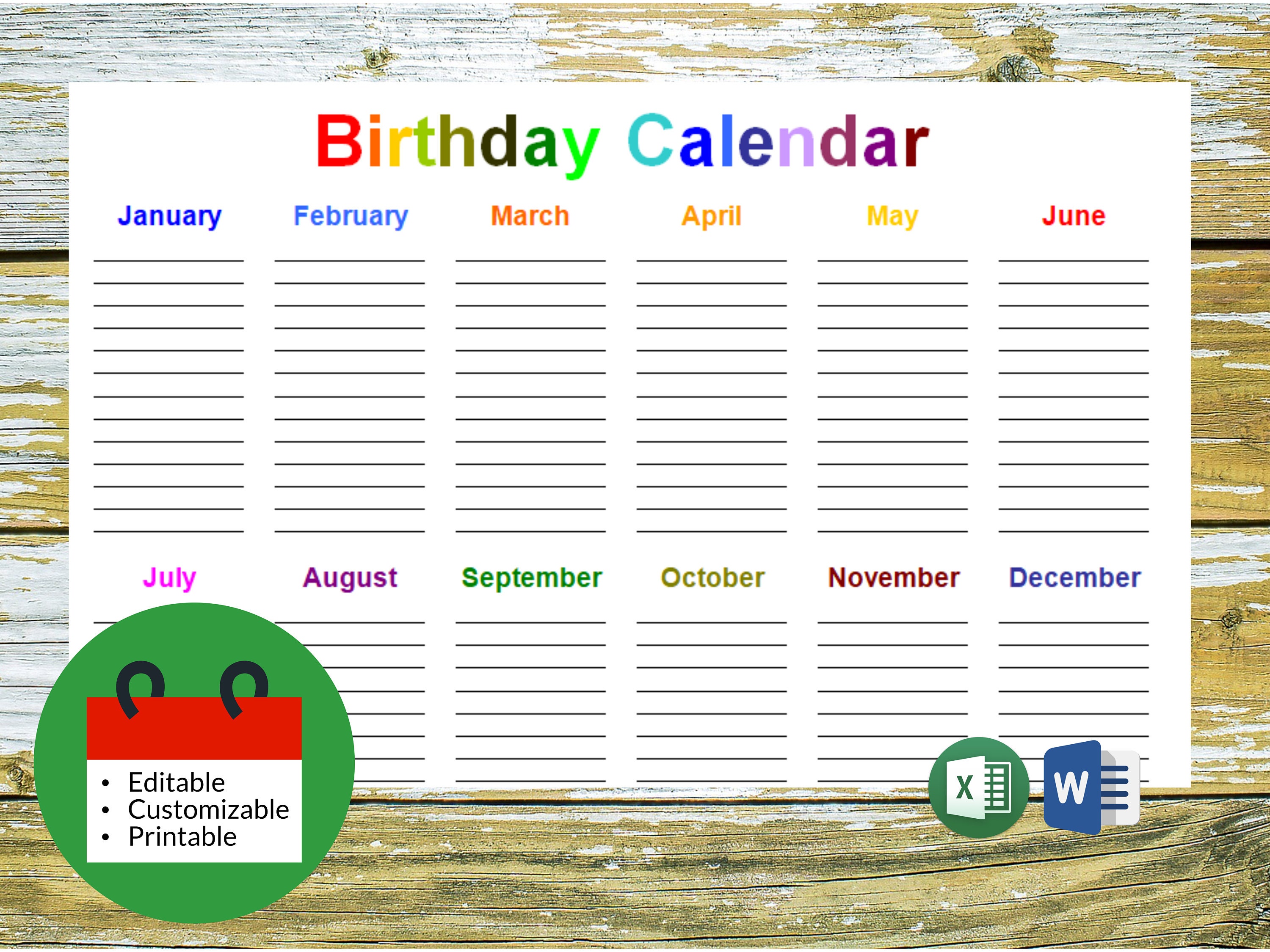 Editable Birthday Calendar - Customizable, Easily Printable - Microsoft ...