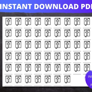 Puede incluir: Una hoja imprimible de 36 iconos de libros de la Biblia en blanco y negro. La hoja está dividida en seis filas de seis iconos cada una. Los iconos son dibujos de líneas simples de un libro cerrado con una cruz en la portada. El texto "INCLUDES 6 PAGES!" está en la esquina inferior derecha de la hoja.