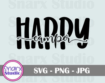 May include: Black and white graphic design with the text "Happy Camper" in a stylised font.