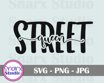 May include: Black and white graphic design with the text "Street Queen" in a stylised font.