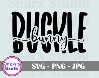 May include: Black and white graphic design with the text "buckle bunny" in a stylised font.