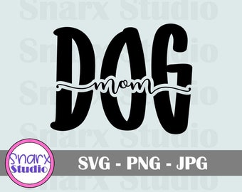 May include: Black and white graphic design of the word "DOG" with the word "mom" written in a cursive script underneath.