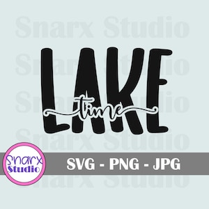 May include: Black and white graphic design with the text "Lake Time" in a cursive font.