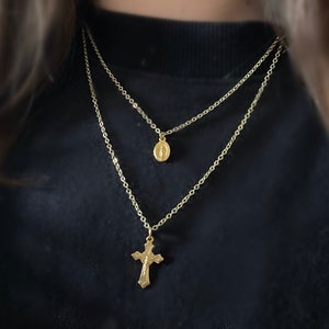 Crucifix and miraculous medal necklace. 14K Gold plated chain with crucifix and Gold dipped miraculous medal. Fist communion gift.