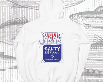 Felpa Salty Defiant Noncompliant - Felpa con grafica a tema scatola di sardine, abbigliamento per il giorno delle elezioni, felpa oversize sfacciata