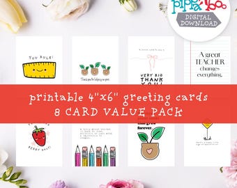Teacher Appreciation Card Value Pack - 8 Printable Thank You Cards - Silly & Sweet Teacher Gifts - 4x6 Digital Download