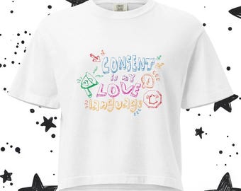 Maglietta "Il consenso è il mio linguaggio dell'amore" - Maglietta grafica vintage dalla vestibilità ampia, maglietta femminista sarcastica, top in morbido cotone effetto usurato
