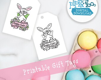 Vintage Hand-Drawn Happy Easter Bunny | Kids | Adults | Green | Pink | Color Your Own | Printable Gift Tags | Digital Download