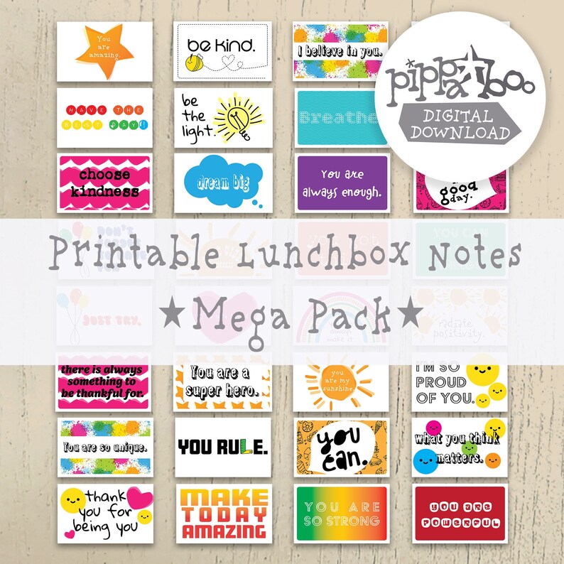 Op de afbeelding: Een verzameling bedrukbare lunchboxbriefjes met positieve affirmaties en kleurrijke ontwerpen. De briefjes bevatten zinnen als 'Je bent geweldig', 'Wees aardig' en 'Je bent een superheld'. De afbeelding bevat een titel 'Mega Pack' en een digitaal downloadlogo.