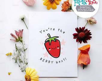 Berry Best Teacher Card - Strawberry Graphic Thank You - Funny Pun Teacher Appreciation - 4x6 Printable Greeting Card - Instant Download