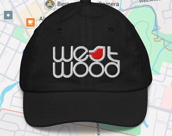 Youth WESTWOOD Cardinal White Logo Black Baseball Cap | Kid's Westwood NJ Hat with White Embroidery | Adjustable Chino Cotton Twill