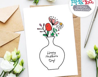 Biglietto per la Festa della Mamma illustrato a mano / Vaso di fiori, download digitale / Semplice e fantasioso, stampabile / Biglietto minimalista per la Festa della Mamma / PDF immediato