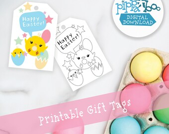Cute Happy Easter Chicks, Eggs, Stars for Kids | Pink | Green | Blue | Yellow | Color Your Own | Printable Gift Tags | Digital Download