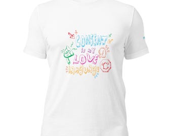 Maglietta "Il consenso è il mio linguaggio dell'amore", maglietta grafica femminista retrò, unisex sarcastica e stimolante, cotone morbido e leggero, alla moda