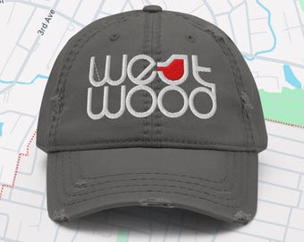 Embroidered WESTWOOD NJ Hat | Horizontal White Westwood Logo Baseball Cap | Distressed Vintage Style Jersey Pride Cardinal