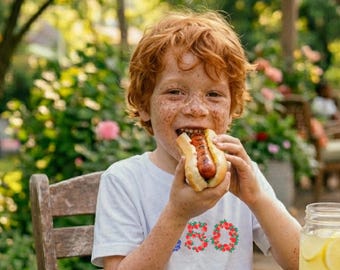 4 juli-shirt voor jongeren | Kinder-T-shirt Amerika 250ste verjaardag | Rood-wit en blauw T-shirt met fruitprint | Semi-centennial jeugdshirt