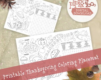 Printable Thanksgiving Placemat | Kids Table | Easy DIY | Word Search | Maze | Coloring page | 2 Sizes | Corucopia | Acorn | Corn | Smiles