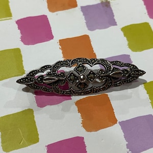 Victorian Revival Sterling Silver and Marcasite Bar Brooch