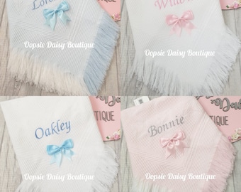 Personalised Baby Shawl Blanket with Ribbon Bow