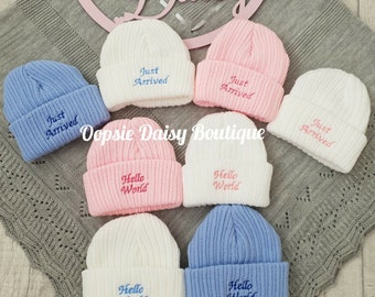 Baby Knitted Hat Beanie - Size Newborn, Hello World Just Arrived