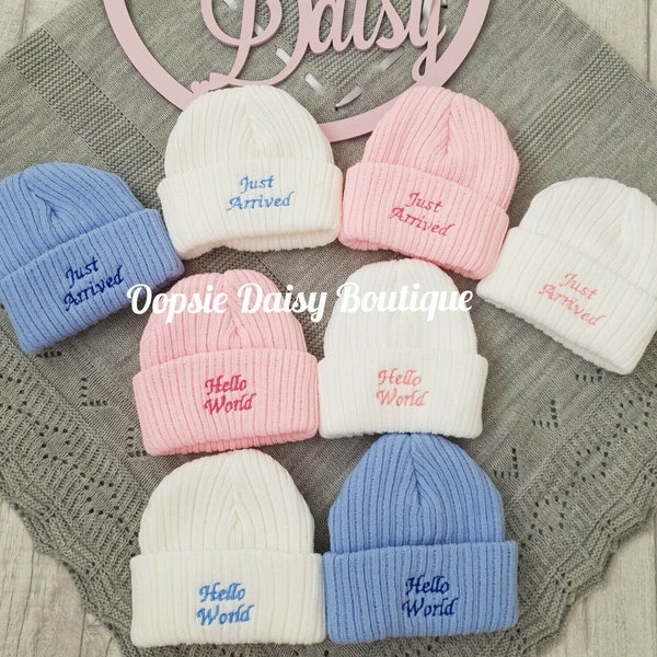 Baby Knitted Hat Beanie - Size Newborn, Hello World Just Arrived