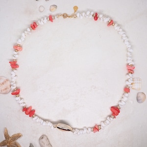 Sciacca necklace shells, pearls, gemstones, pastel, summer, gold plated, coral, cowrie shell, gold, gift, holiday