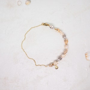 Könnte beinhalten: Eine goldene Kettenkette mit einem Muschelanhänger und einer Reihe kleiner Muscheln, die an der Kette befestigt sind.