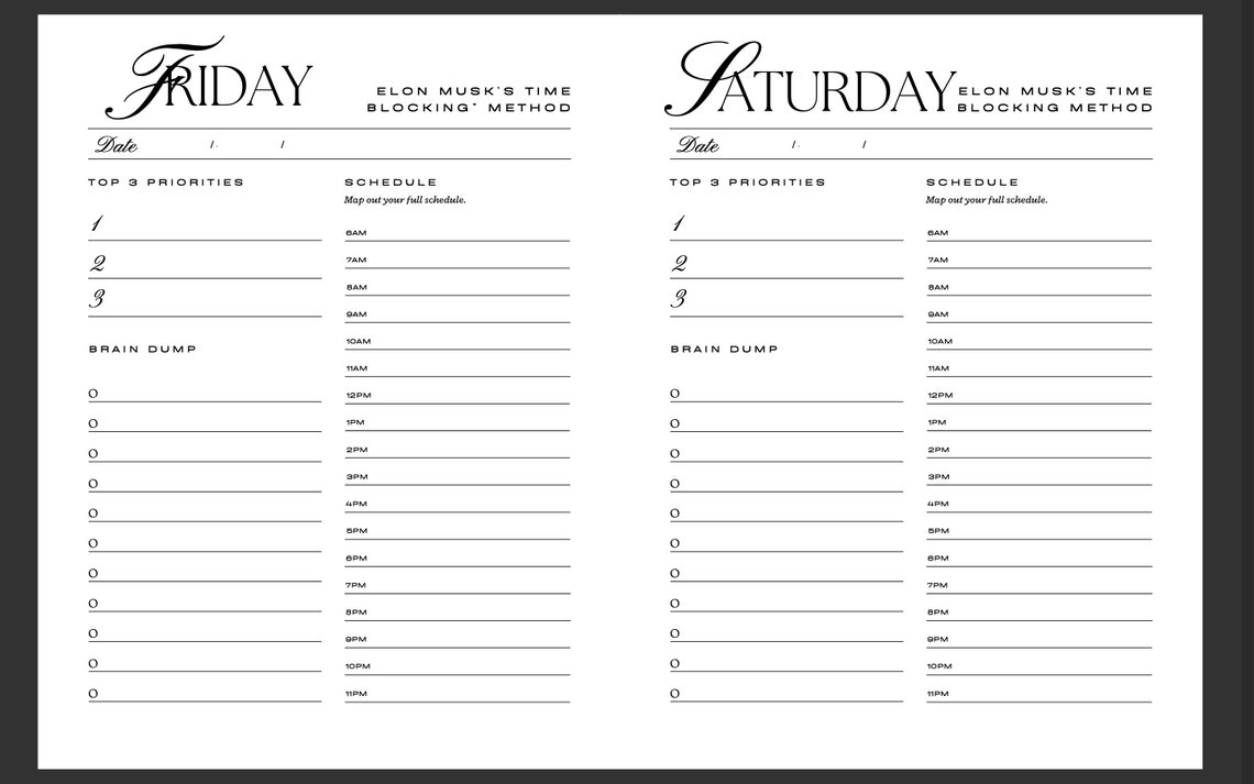 Daily Planner Using Elon Musk Time Block Method 7 Day Etsy