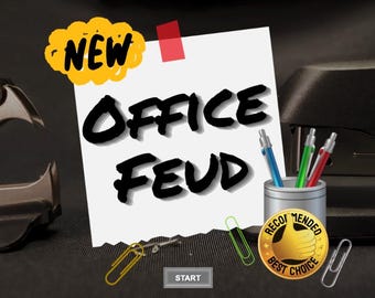 May include: A white sticky note with the text "NEW OFFICE FEUD" in black. The note is on a dark surface with a stapler, paper clips, and a pencil holder with pens.