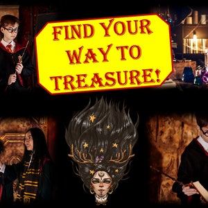 Puede incluir: Un collage de im&aacute;genes con ni&ntilde;os vestidos de magos, sosteniendo varitas m&aacute;gicas y leyendo libros. El texto "FIND YOUR WAY TO TREASURE!" se muestra en un oct&oacute;gono amarillo.