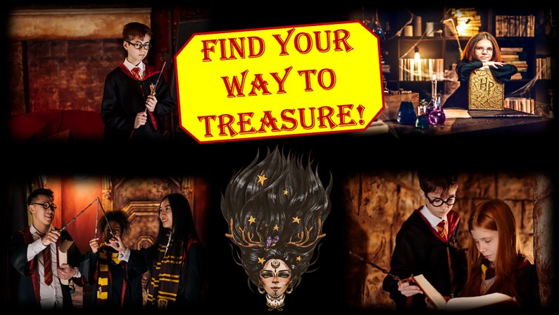 Puede incluir: Un collage de im&aacute;genes con ni&ntilde;os vestidos de magos, sosteniendo varitas m&aacute;gicas y leyendo libros. El texto "FIND YOUR WAY TO TREASURE!" se muestra en un oct&oacute;gono amarillo.