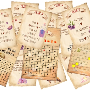 Puede incluir: Un conjunto de 10 tarjetas de pistas de estilo vintage con varios rompecabezas y acertijos. Las tarjetas est&aacute;n impresas en papel pergamino con un aspecto desgastado y presentan ilustraciones de pociones, libros y otros objetos m&aacute;gicos.