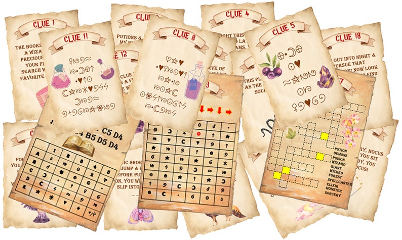 Puede incluir: Un conjunto de 10 tarjetas de pistas de estilo vintage con varios rompecabezas y acertijos. Las tarjetas est&aacute;n impresas en papel pergamino con un aspecto desgastado y presentan ilustraciones de pociones, libros y otros objetos m&aacute;gicos.