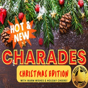 以下が含まれることがあります： 「HOT & NEW」と「CHARADES CHRISTMAS EDITION」のテキストが書かれた赤と黄色のグラフィックで、「WITH WARM WISHES & HOLIDAY CHEERS!」というテキストが下にあります。右下には、親指を立てた金色の円と「RECOMMENDED BEST CHOICE」というテキストがあります。