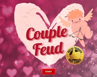 May include: A pink heart with the text "Couple Feud" in red letters. A cartoon cupid with a bow and arrow is on the right side of the heart. A gold seal with the text "Recommended Best Choice" is below the cupid. A red button with the text "Start" is at the bottom of the image.
