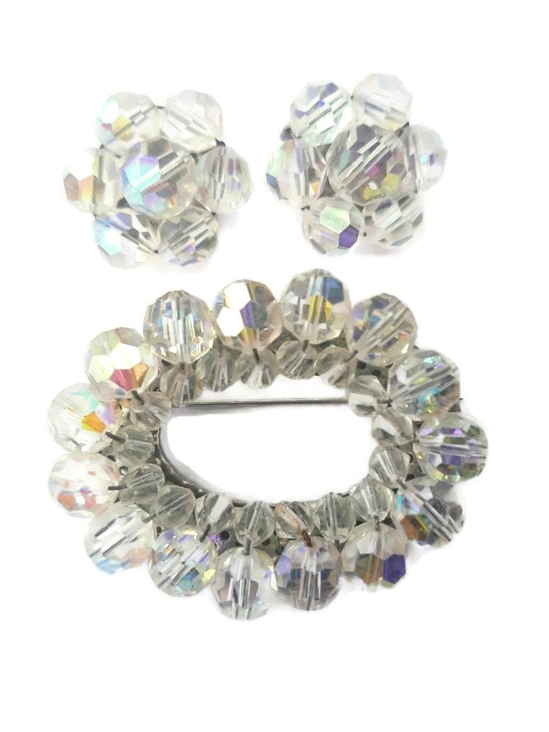 Aurora Borealis Faceted Bead Oval Brooch and Flower Cluster Clip on ...