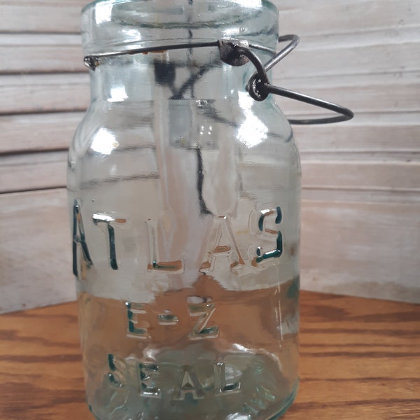 Vintage 1930's Atlas E-Seal canning jar in teal blue, quart size A