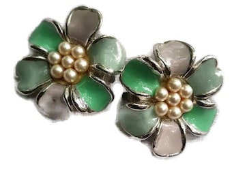 Vintage clip on earrings, pink and purple flowers with white pearl centers