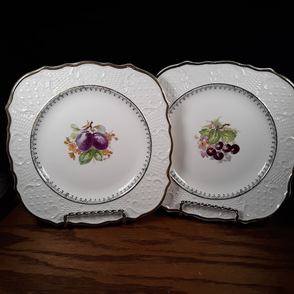 Set of 2 vintage Washington Colonial Made In USA square plates, filigree scalloped edge, grape pattern, gold trim, wine bar decor