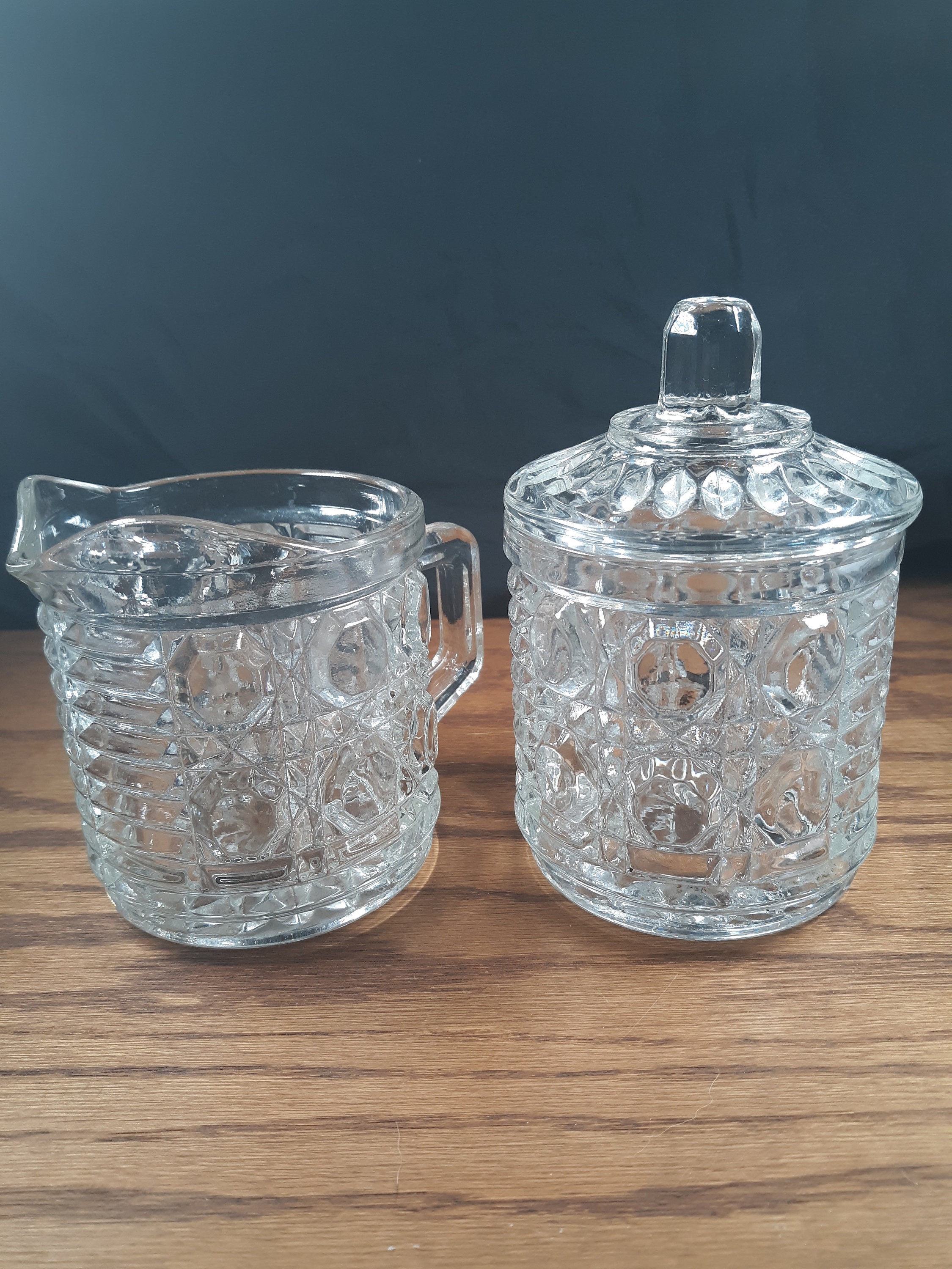 Vintage clear Windsor Federal glass creamer and sugar, bar and cane pattern from the 1970's